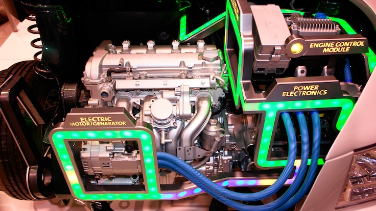Aerial perspective of an electric engine with electric motor generator, engine control module and power electronics highlighted.