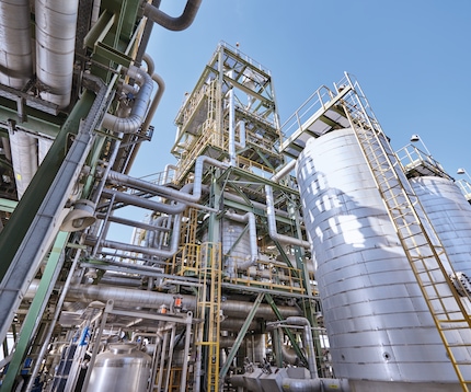 “View of reactor in a refinery complex”