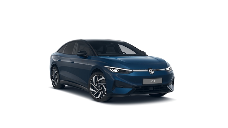 Rendering of a dark blue VW ID7 electric car against a white background.